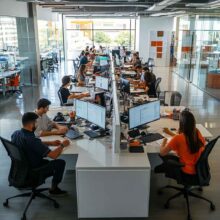 A photo showing employees of diverse race, nationality, and ethnicity in a modern office.