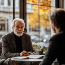 An aged candidate is being interviewed in a beautiful office setting.