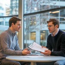 Recruiter conducting a structured interview with a candidate in a modern office.