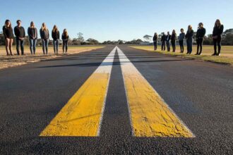 Emerging leaders standing at the start of a long runway, ready for takeoff, symbolizing leadership readiness in a fast-paced business environment.