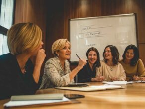 Diverse group of leaders actively collaborating around a sleek conference table in a modern office, showcasing inclusive leadership through engagement and mutual respect.