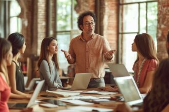 Charismatic transformational leader inspiring a diverse team during a brainstorming session in a modern, open-plan office, fostering innovation and collaboration.