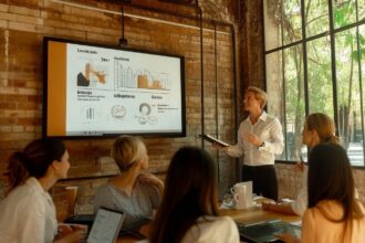 Confident executive leader inspiring a diverse team during a strategic planning session in a sleek, modern office meeting room, emphasizing vision and strategic success.