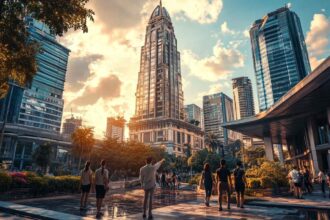 Confident executive leader guiding a diverse team through a vibrant cityscape, symbolizing growth and development in leadership.