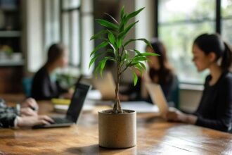 A sales team is getting ready for something big, a plant is on the desk symbolizing growth.