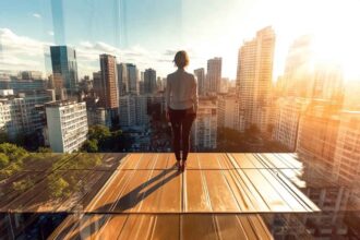 A professional gazing at a city skyline with a leadership reflection.